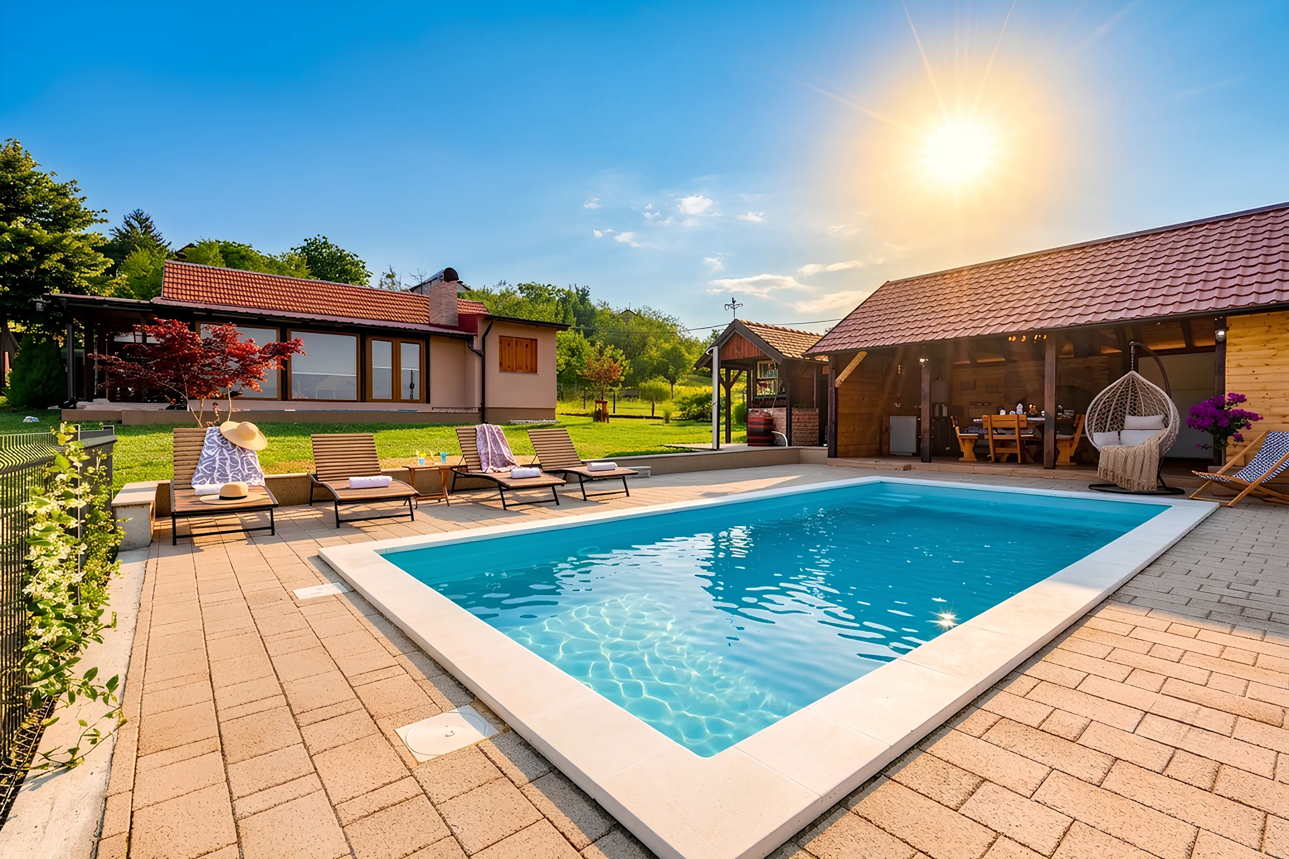 Pool mit Liegen vor dem Ferienhaus und der überdachten Terrasse des Ranč Mali Sokol an einem sonnigen Tag, die Sonne über dem Dach