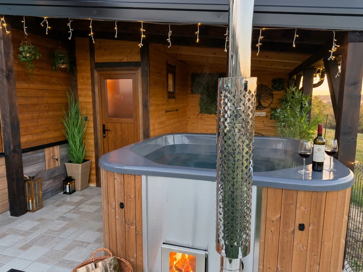 Hot tub s drvenom oblogom i ložištem na drva u kojem gori vatra
