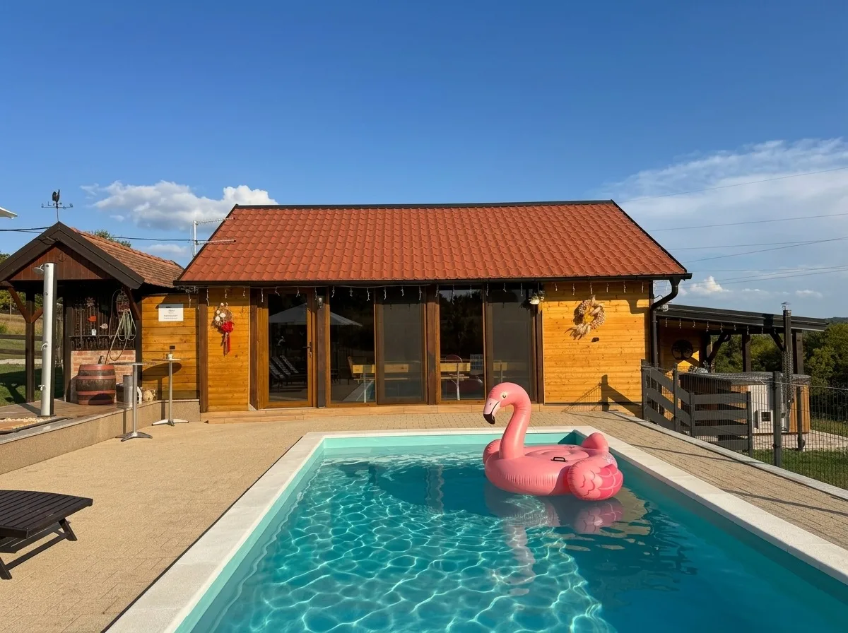 Kuća s crvenim krovom i bazen s napuhanim flamingom pod vedrim nebom