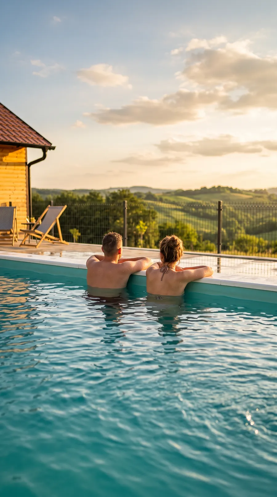 Paar im Pool genießt den Blick auf grüne Hügel bei Sonnenuntergang