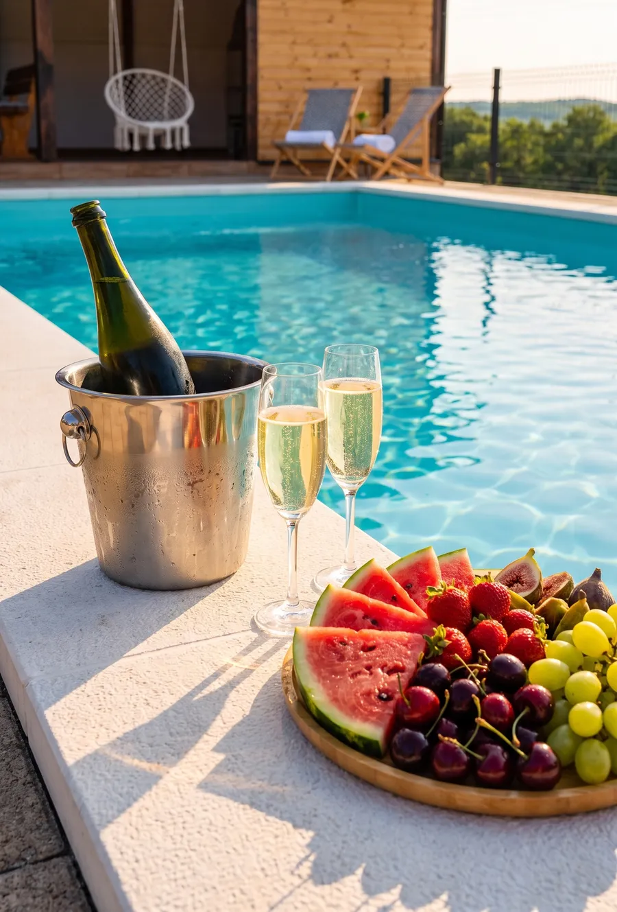 Sekt im Eiskübel und eine Platte mit frischem Obst am Pool